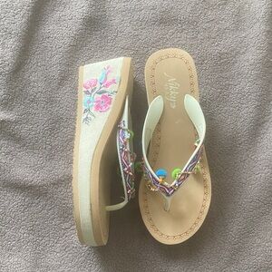 Embroidered Wedge Sandals - Cream and Multicolor